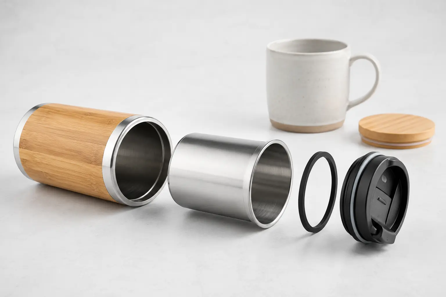 Stainless steel travel mug with bamboo exterior, lid and gasket shown separately