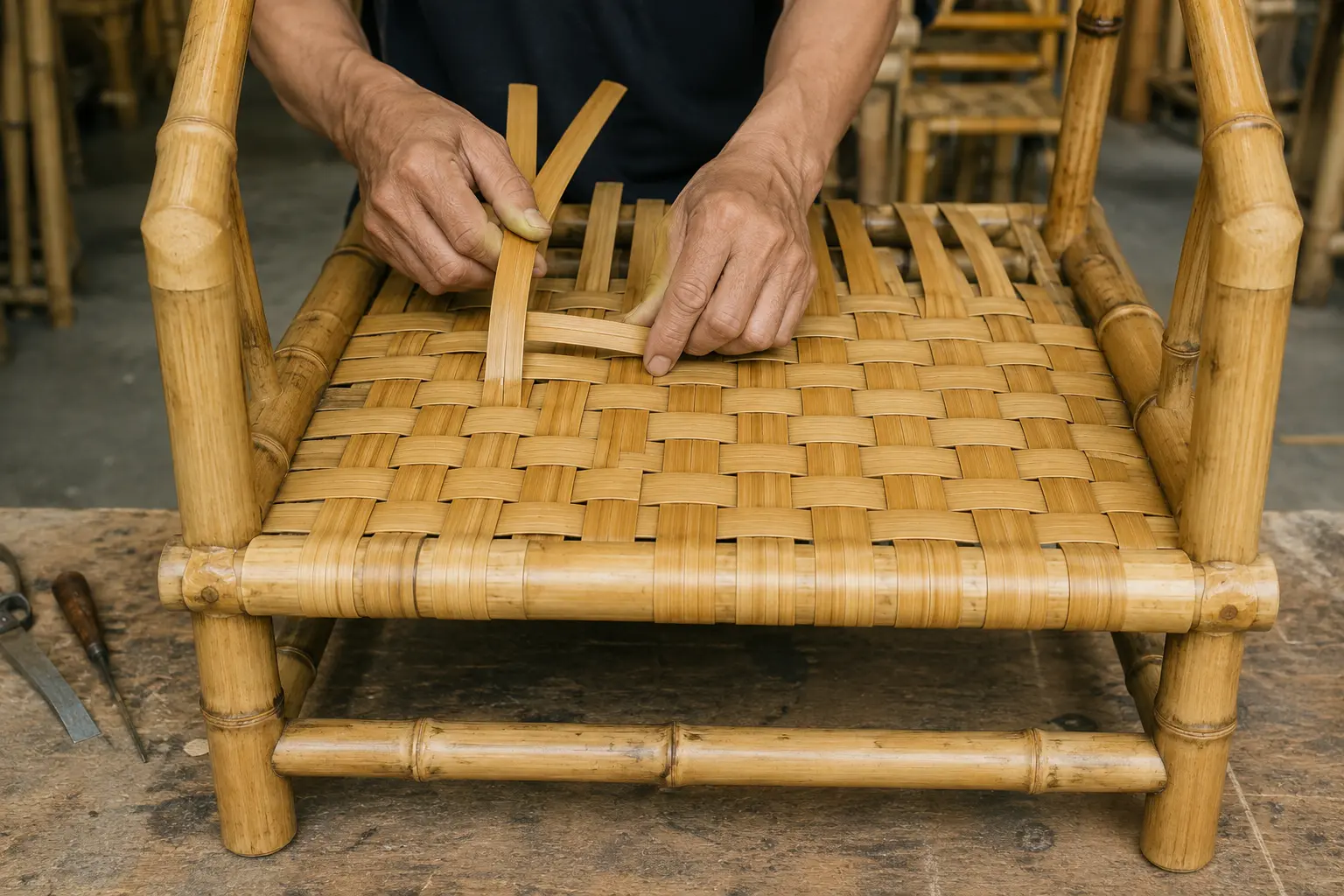 Evenly tensioned bamboo strips being woven into a chair seat
