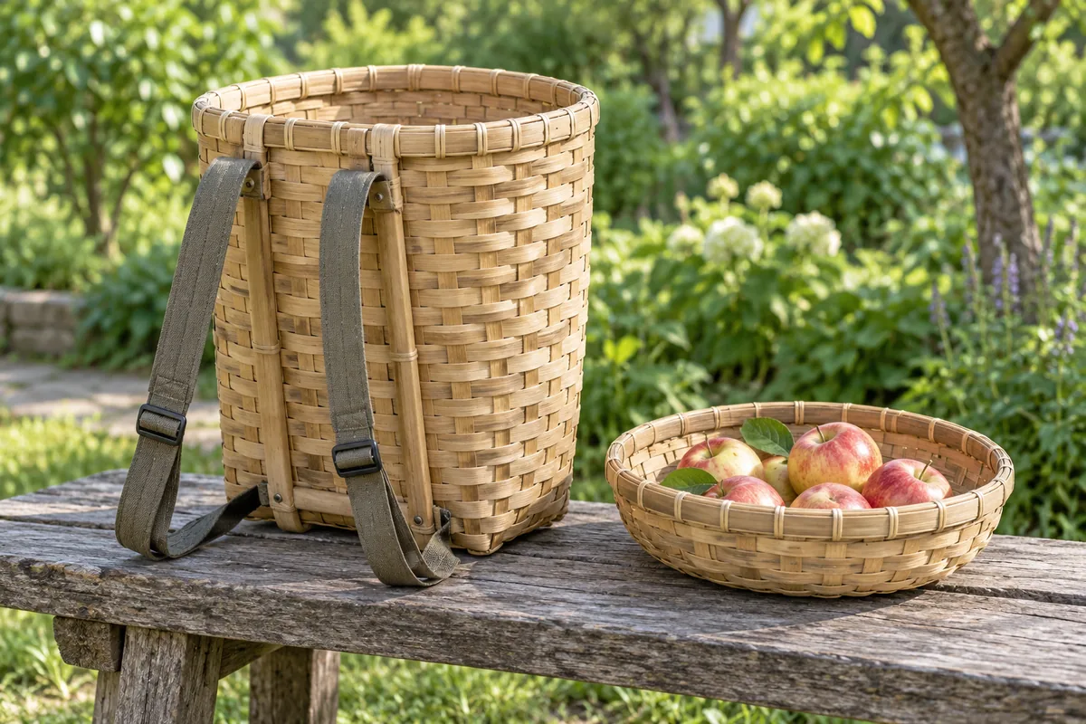 Bamboo basket backpack with fabric shoulder straps beside a shallow harvest basket of apples