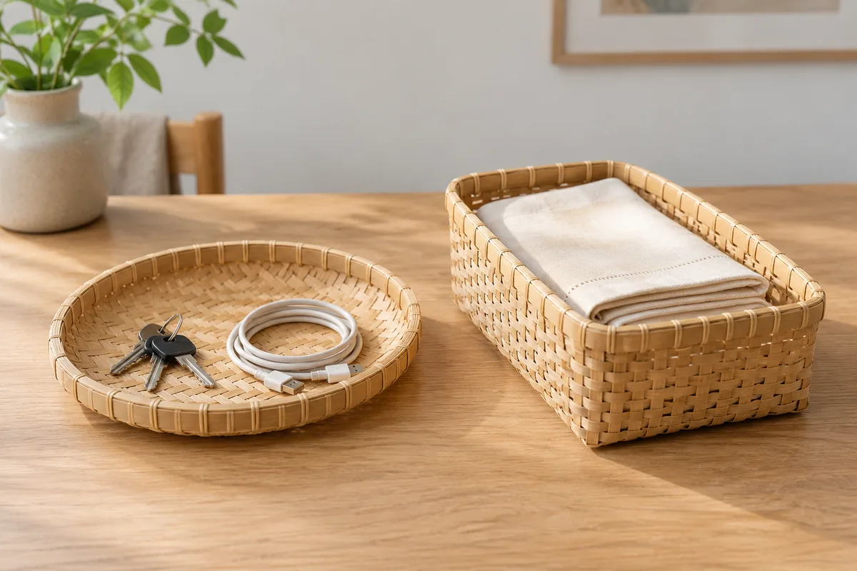 Shallow bamboo tray with keys and cable beside a deeper basket holding folded table linens