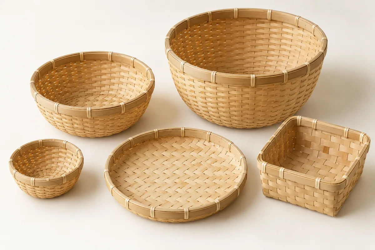 Mini, medium, large, shallow round and square bamboo baskets arranged on a neutral surface