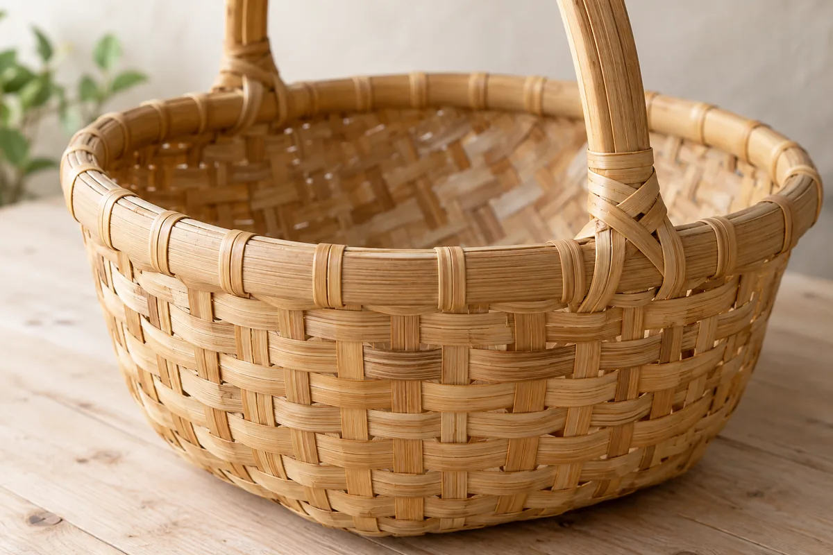 Close-up of flat bamboo weaving, bound basket rim and handle attachment