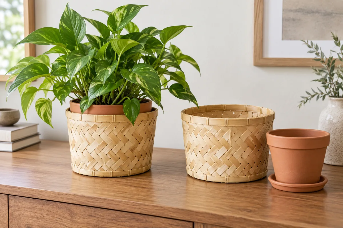 Leafy houseplant in a separate pot inside a bamboo basket, beside an empty basket, pot and saucer