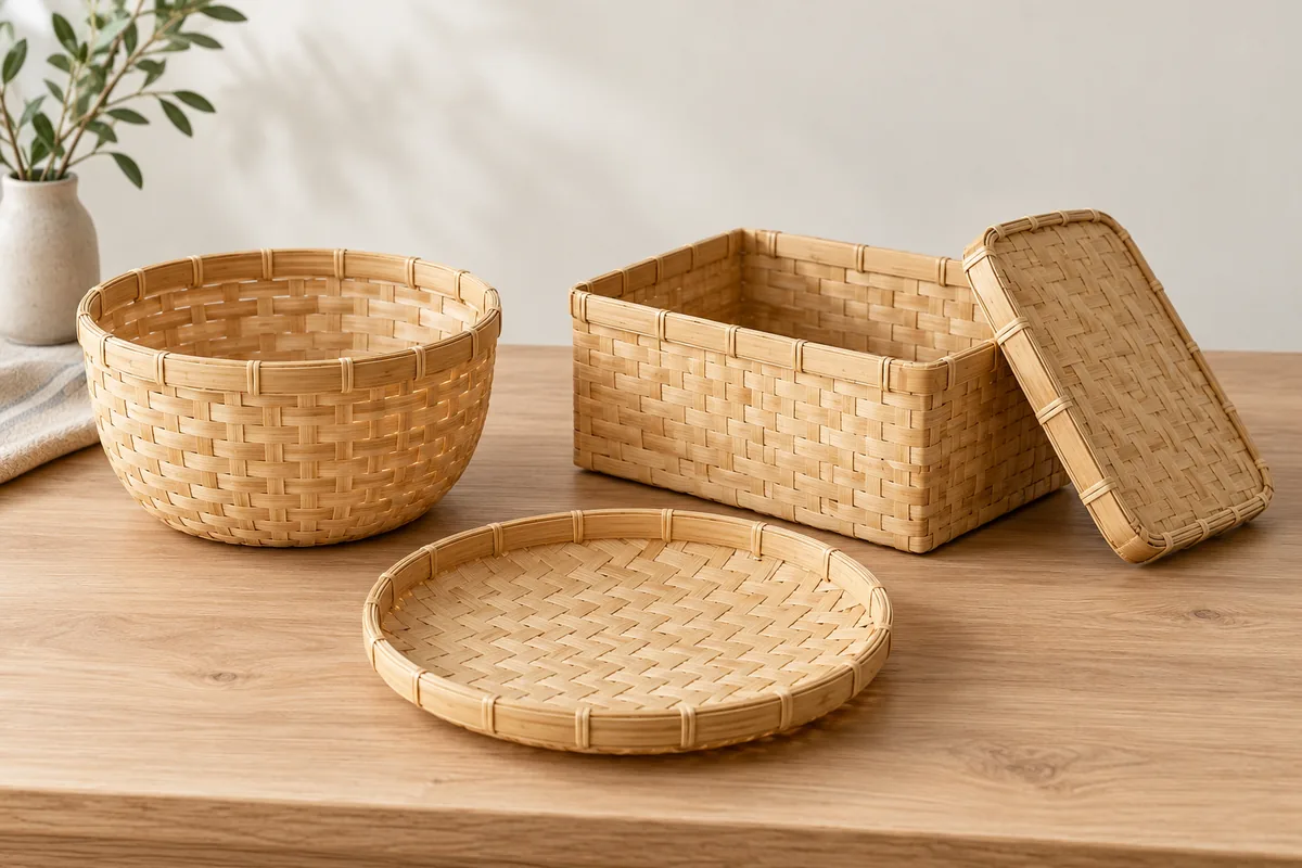 Round, rectangular lidded and shallow woven bamboo baskets on a wooden table