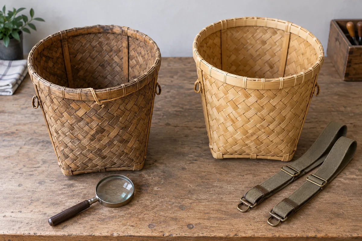 Older-looking bamboo basket with a loose rim binding beside a clean basket and separate adjustable shoulder straps