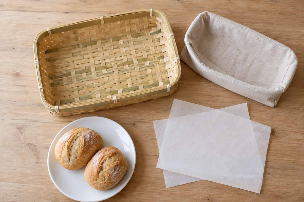Shallow bamboo serving tray with a removable linen liner, plain ceramic plate and parchment arranged separately