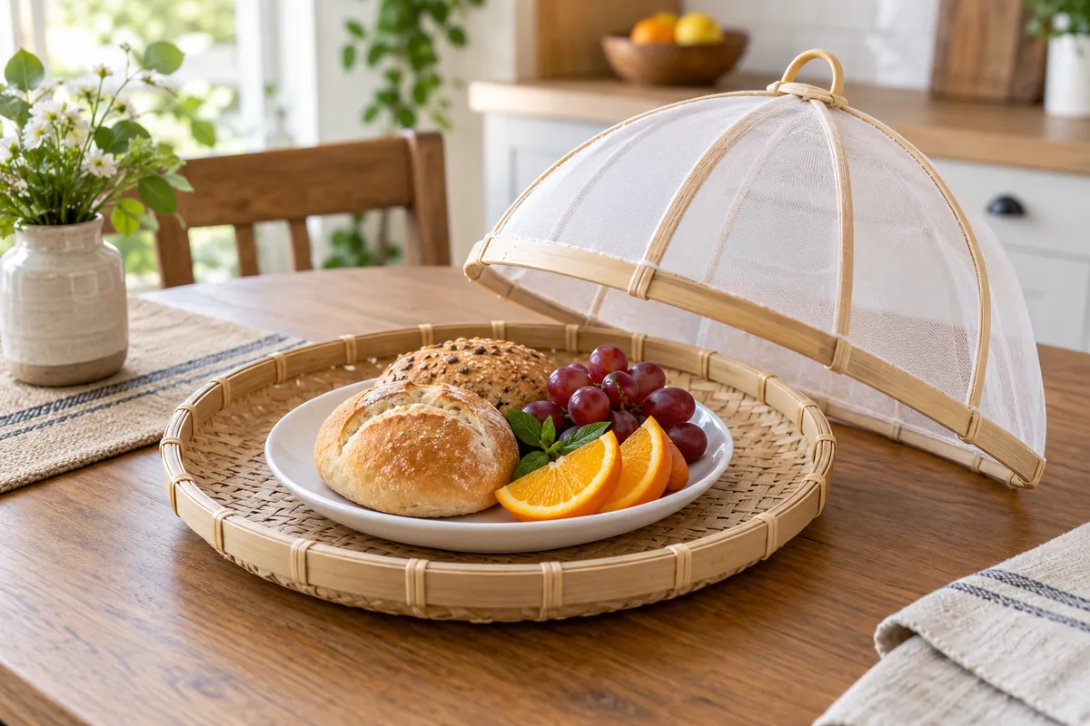 Shallow bamboo serving basket with bread and fruit on a ceramic plate beside a raised mesh food cover