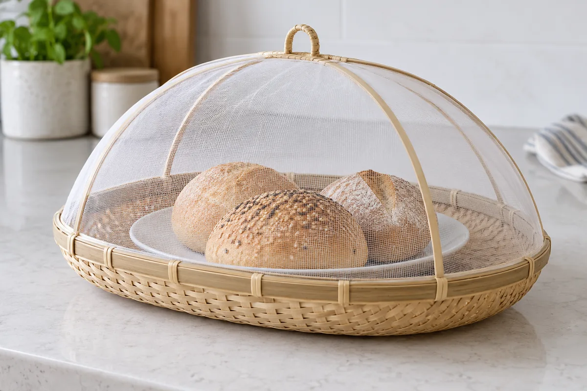 Low side view of a mesh food dome covering a plate of bread rolls on a woven bamboo tray with visible space above the food