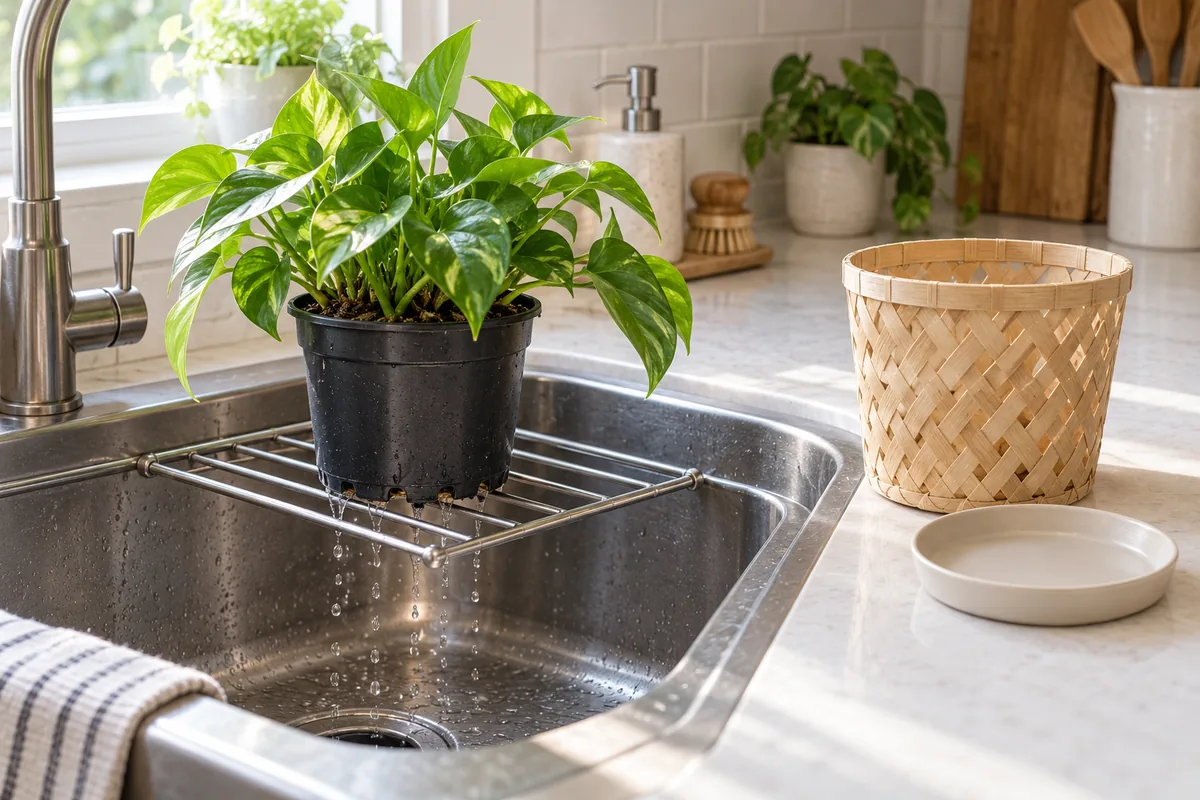 Nursery pot draining above a sink while its bamboo basket cover and saucer stay dry on the counter