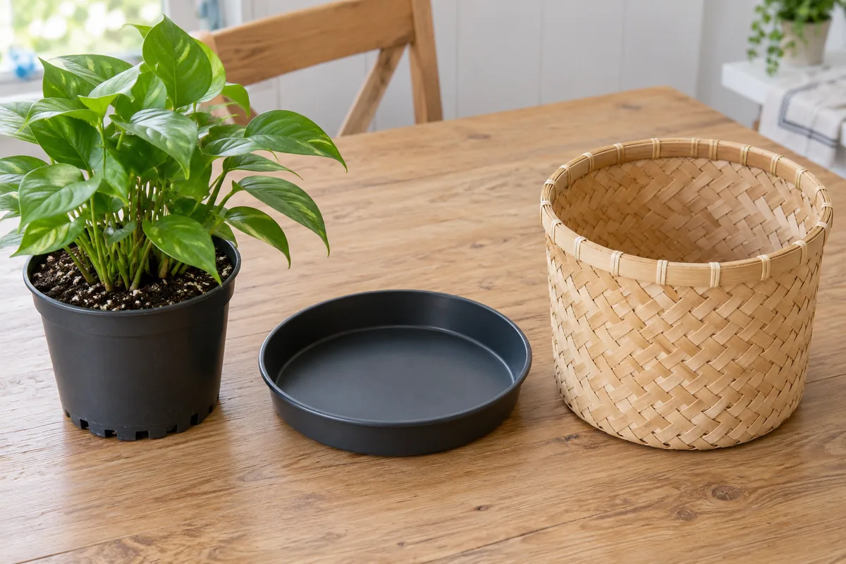 Separate nursery pot, empty drainage tray and dry woven bamboo plant basket on a table