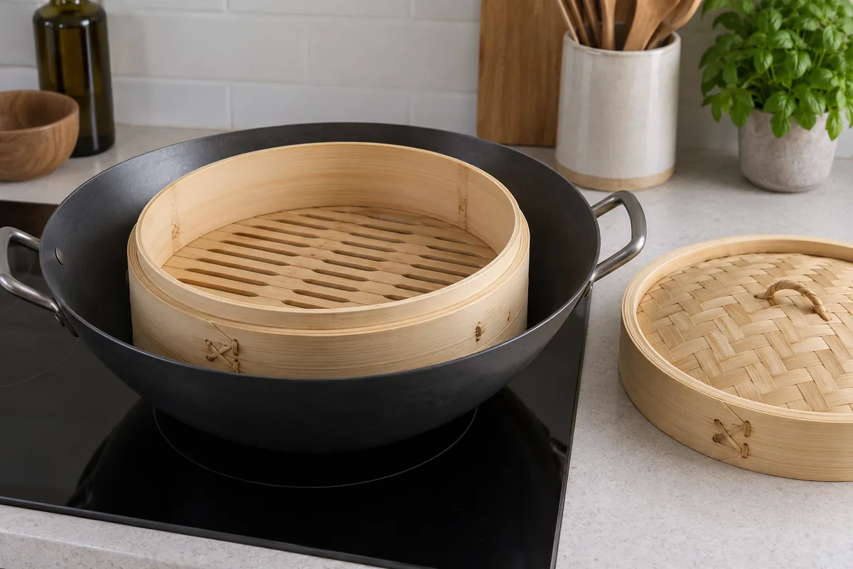 Empty bamboo steamer seated securely in a wide wok on an unlit cooktop during a cold fit check