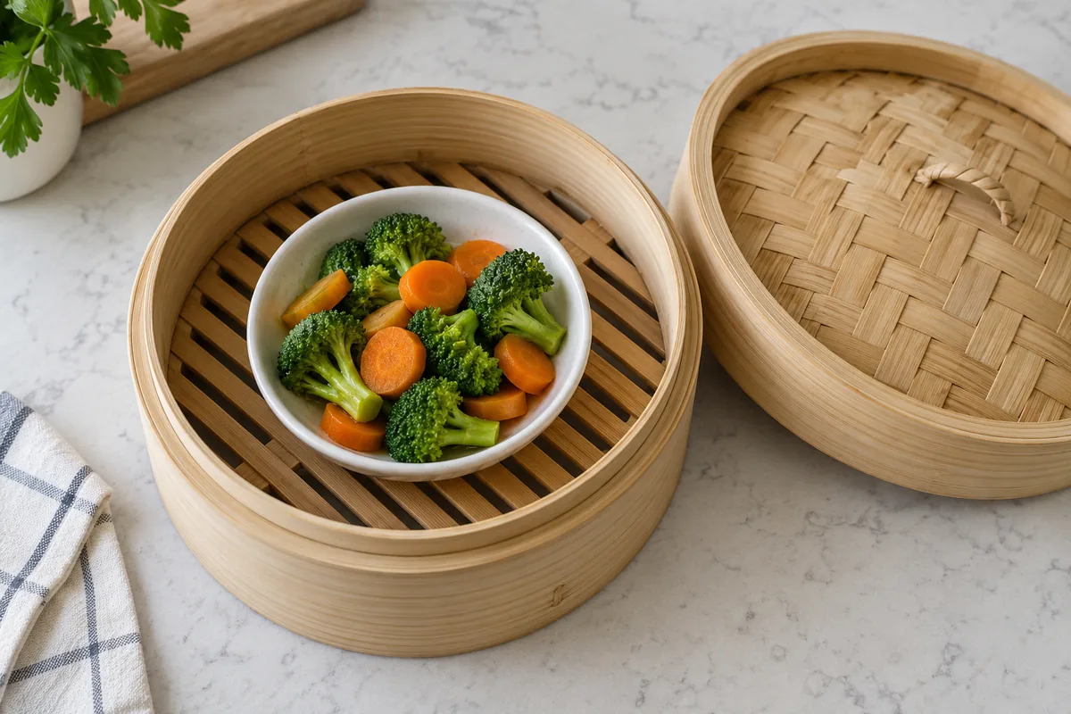 Overhead view of a bamboo steamer holding a smaller ceramic dish with open space around it for steam circulation
