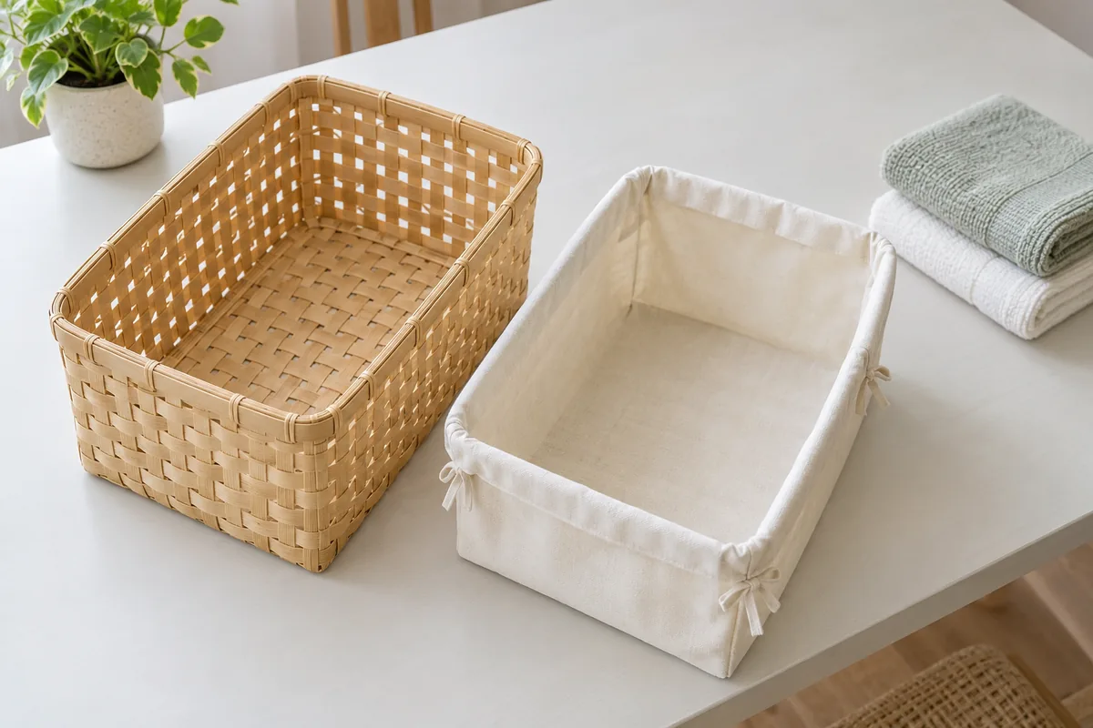 Empty woven bamboo storage basket with its ivory removable liner laid open beside it and folded dry towels nearby