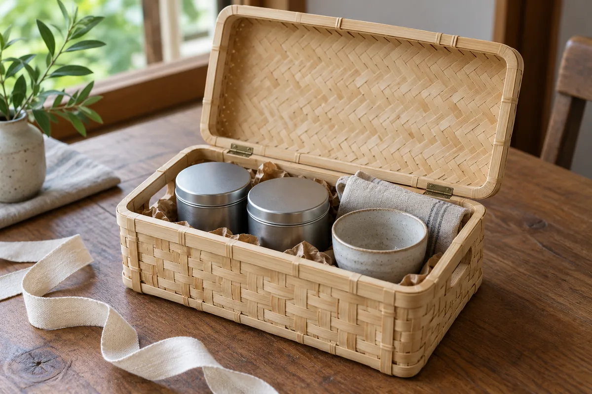 Small bamboo gift basket arranged with sealed tea tins, a ceramic cup and folded cloth beneath an open lid