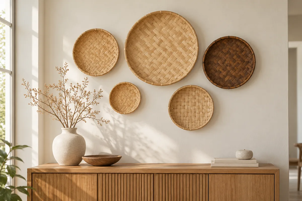 Five shallow round woven bamboo wall baskets arranged above a wooden sideboard