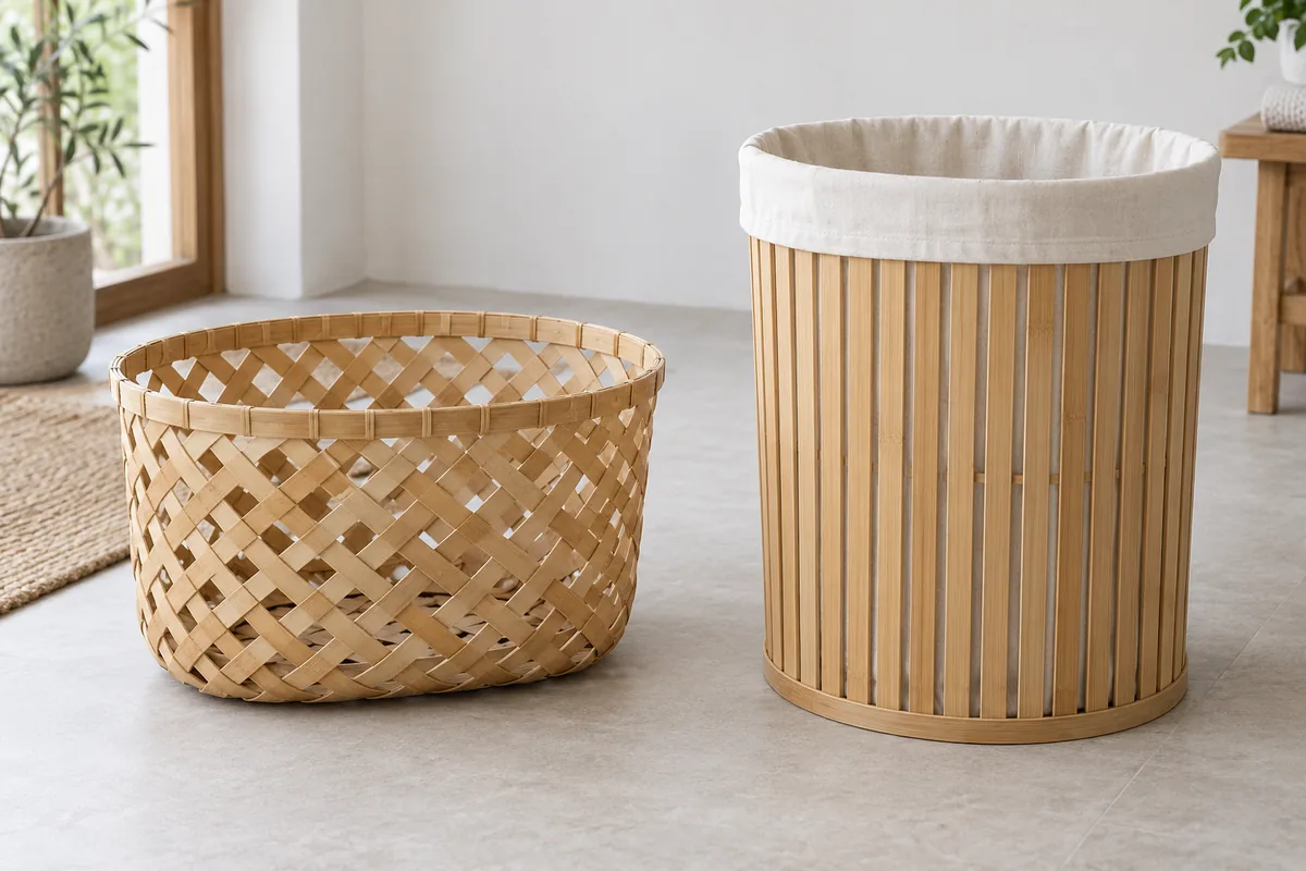 Open woven bamboo basket beside a bamboo laundry hamper with vertical slatted sides and a fabric liner