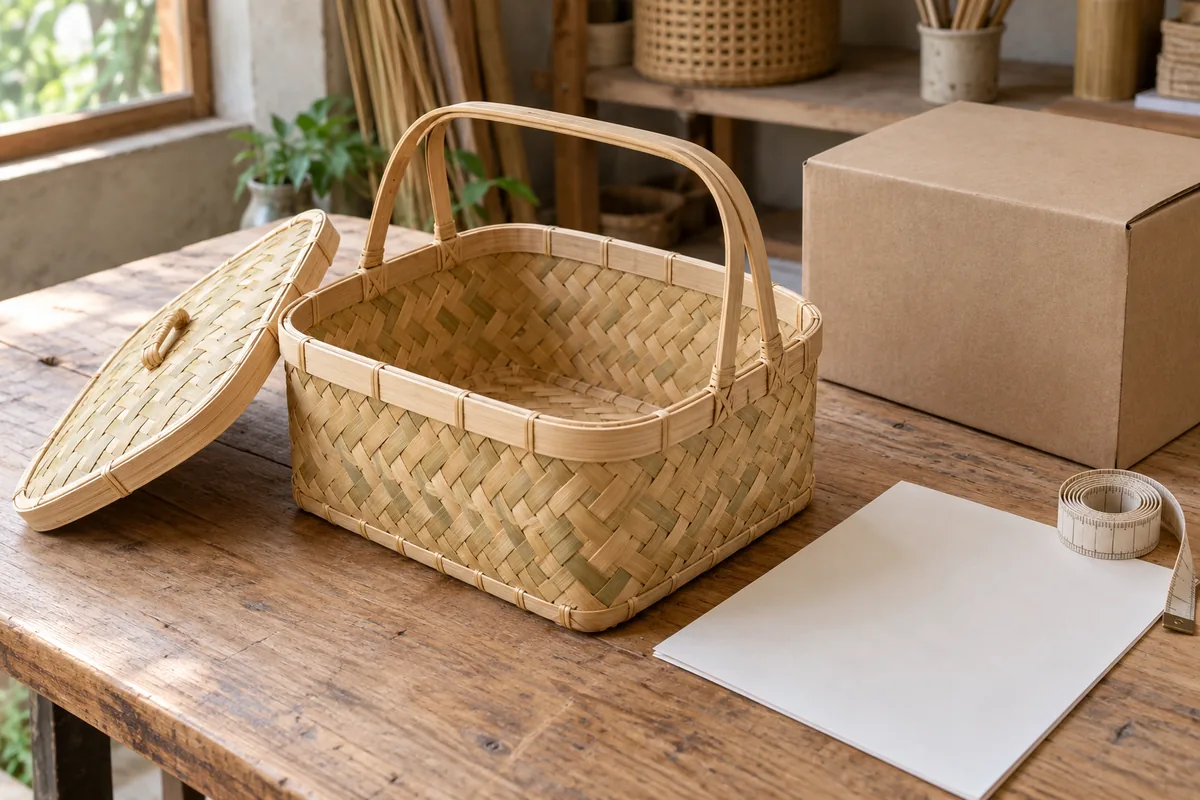 Bamboo basket sample with its lid, a blank specification sheet, measuring tape and packing carton