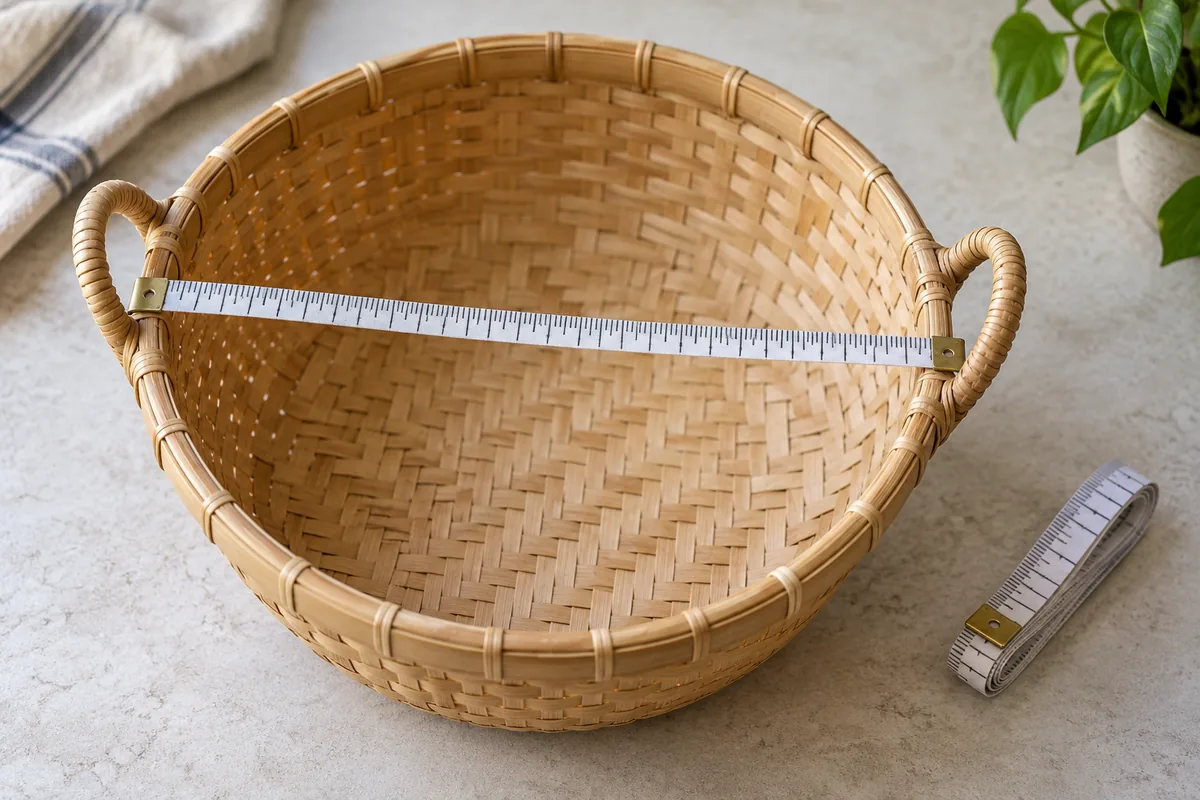 Open round bamboo basket with a measuring tape across the rim and upright side handles visible